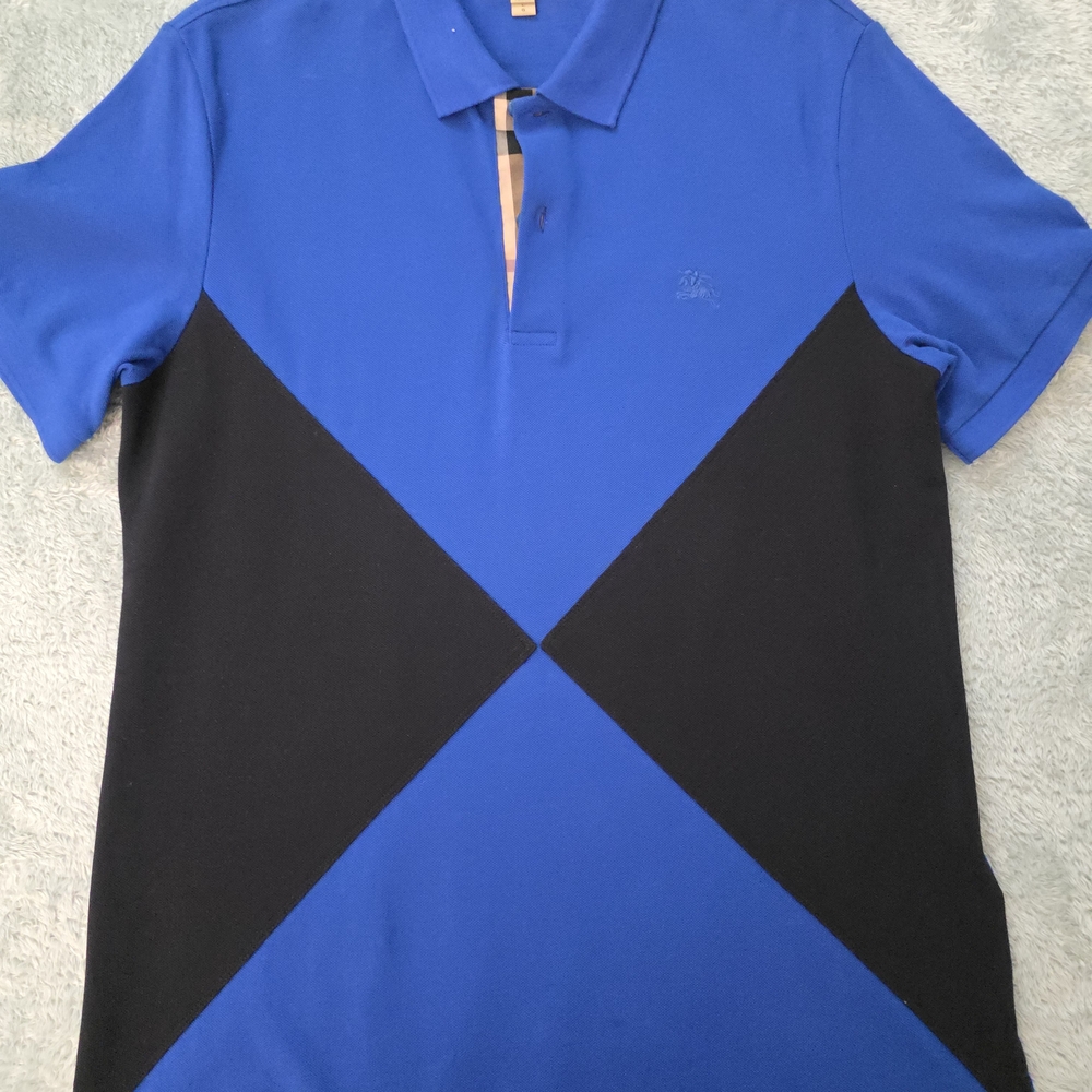 Burberry London Royal and Navy  Polo Shirt w Check Collar sz L